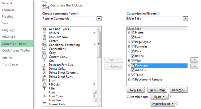 Enable Developer Toolbar in Excel 2010,2013